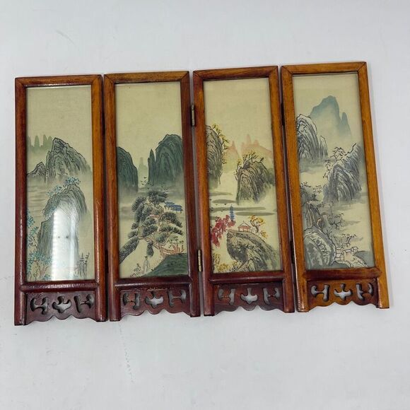 VTG Asian Folding Silk Screen Tabletop Decor Double Sided Mountain Scenes 7" H - Picture 3 of 5
